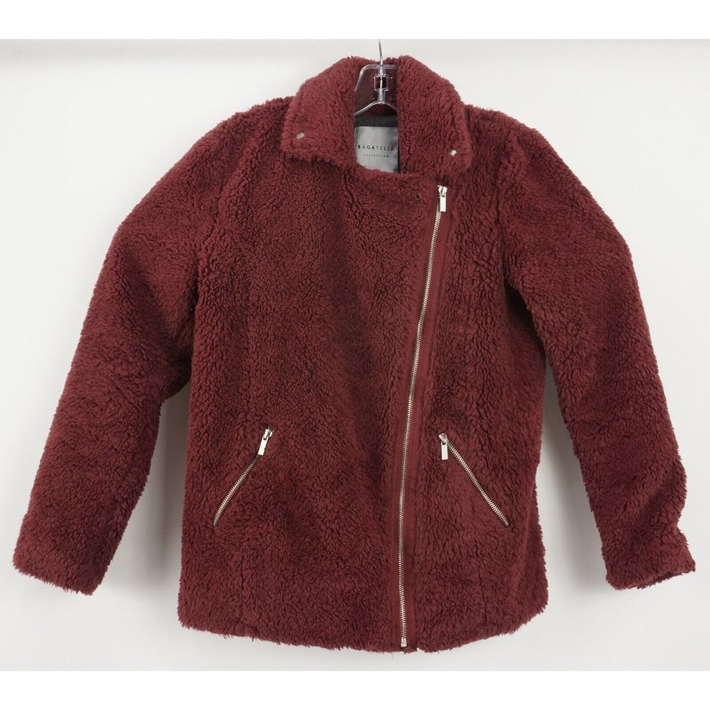 Bagatelle Women's Small Burgundy‎ Faux Fur Sherpa Full Zip Collared Teddy Jacket